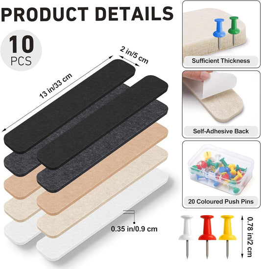 Cork Board Bulletin Board Bar Strips 10-Pack 13"X2" Self Adhesive Felt Pin Board with 20 Push Pins for Home Office Bedroom Door Wall Decor, Concrete Color