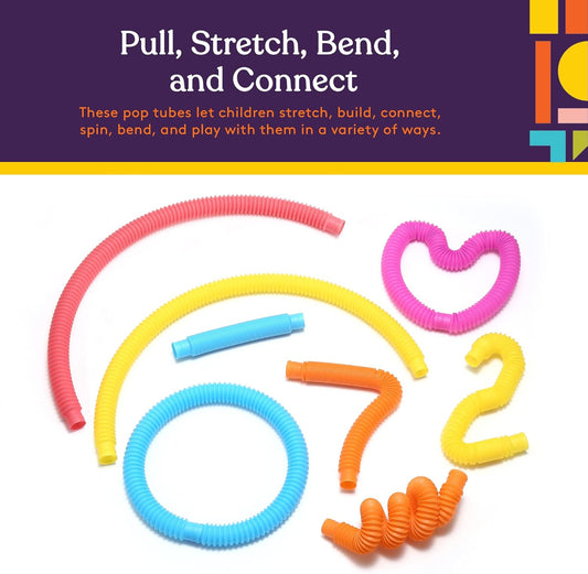 Fun Pull and Stretch Tubes for Kids - Pop, Bend, Build, and Connect Toy, Provide Tactile and Auditory Sensory Play, Colorful, Heavy-Duty Plastic (16-Pack Primary Colors)