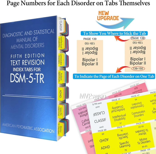 Upgraded Index Tabs for DSM-5-TR 2022, 94 Printed DSM-V-TR Tabs, 100 Tabs in Total, with Alignment Guide & Disorders Description Sheet for the Diagnostic and Statistical Manual of Mental Disorders