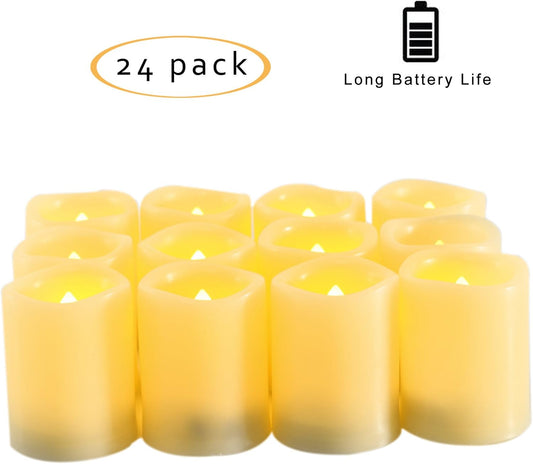 Battery Operated Flameless Votive Candles Realistic Flickering Fake Electric LED Tea Lights Set Bulk Wedding Party Halloween Christmas Decorations Table Centerpieces Batteries Incl 24PCS