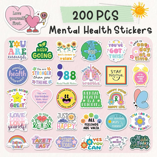 200PCS Mental Health Stickers, Mental Health Matters Awareness Stickers for Kids Adults Positive Therapy Vinyl Decals for Water Bottles Therapist Must Haves