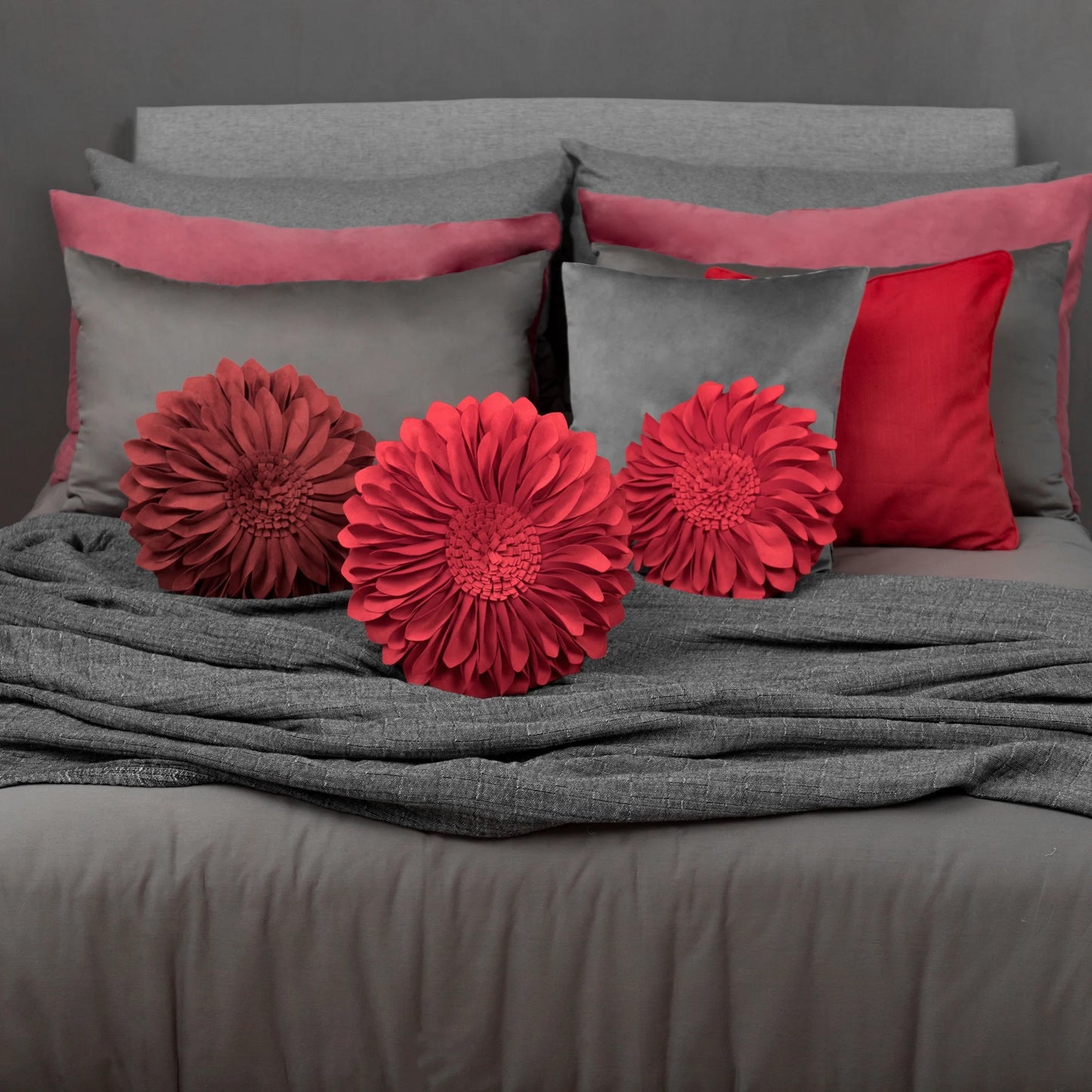 Decorative round Suede Flower Throw Pillows with Insert for Bed Sofa 14 Inch Orange Red