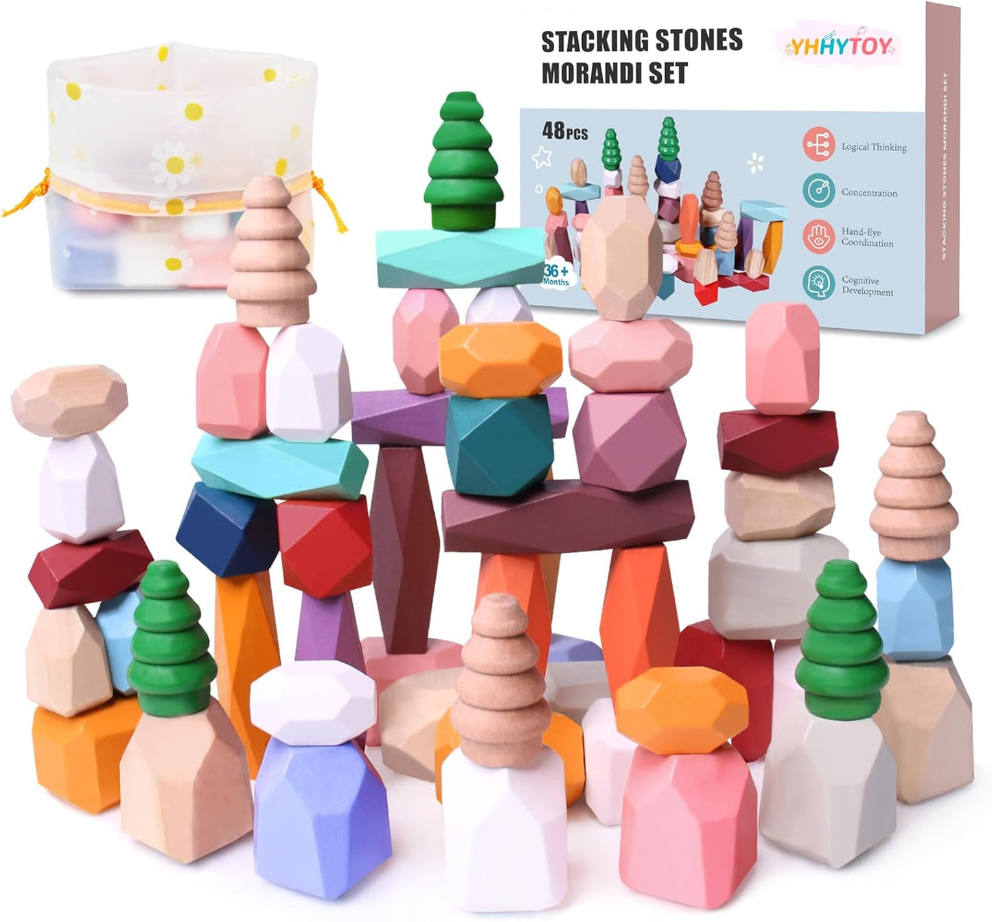 40 PCS Wooden Stacking Rocks Building Blocks Forest Theme, Sensory Learning Montessori Toys for 3 4 5 Year Old Kids, Preschool Educational STEM Toys Toddler Games Birthday Gifts for Girls Boys
