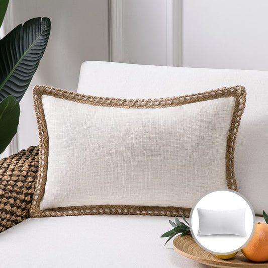 Linen Trimmed Farmhouse Series Decorative Throw Pillow, 12" X 20", off White, 1 Pack