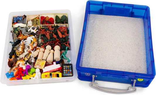 Play Therapy Supply Basic Portable Sand Tray Starter Kit with Tray, Sand, and 150+ Miniatures