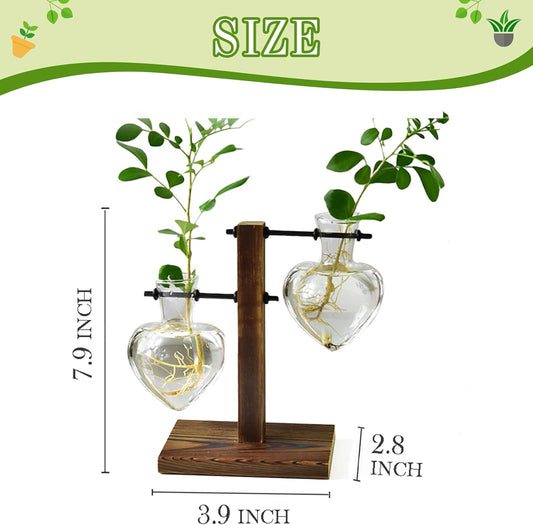 Plant Terrarium Wooden Stand, Hydroponic Planter Bulb Glass Metal Swivel Holder Retro Air Plants Water Plants for Home Office Decoration,Gifts for Plant Lover Wife Mom- 2 Love Bulb Vase