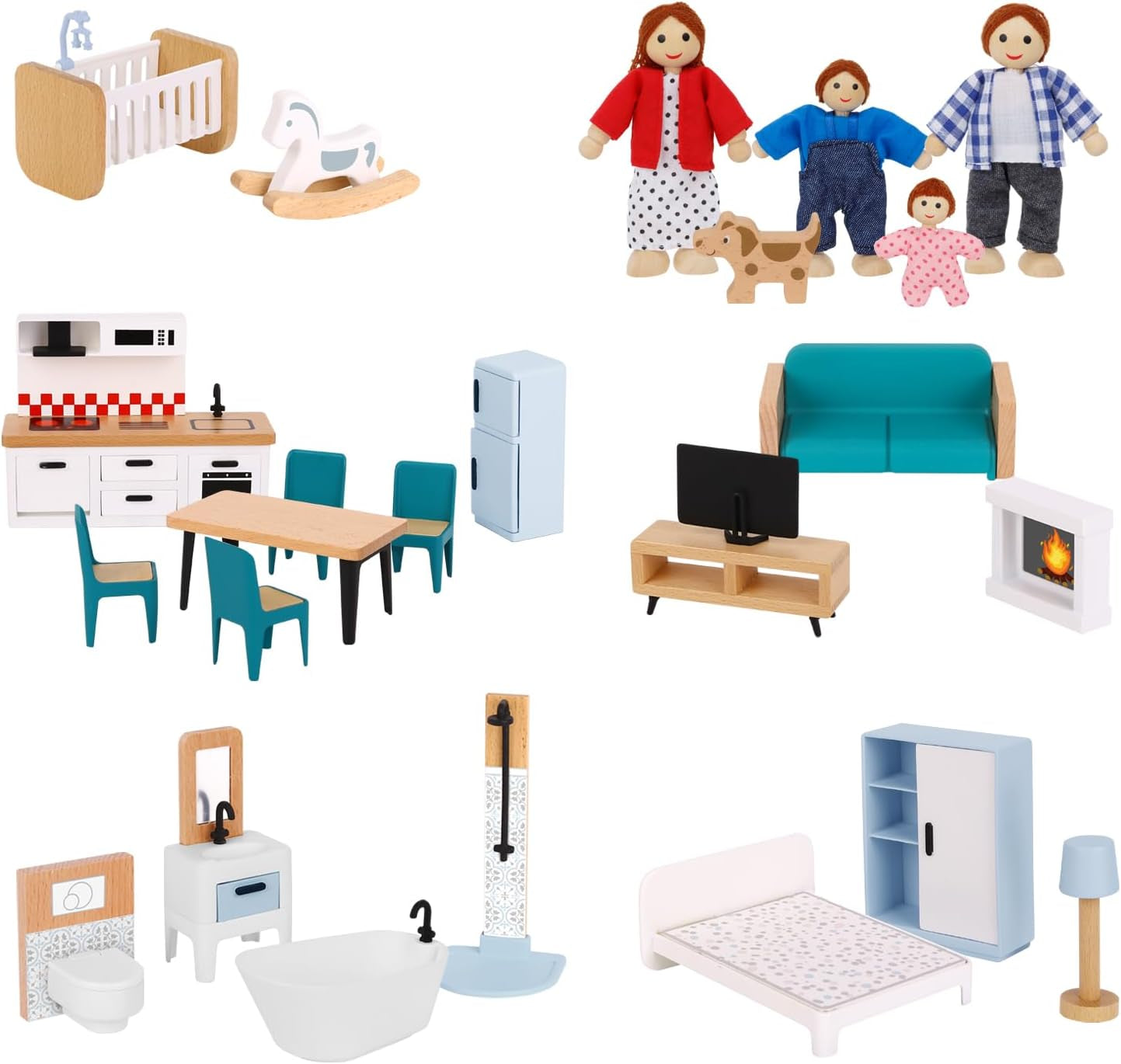 Wooden Dollhouse for Kids, Doll House with Simulated Luxury Furniture Set, Dollhouse Playset for Girls Toddlers (Including 4 Family Dolls and a Dog)