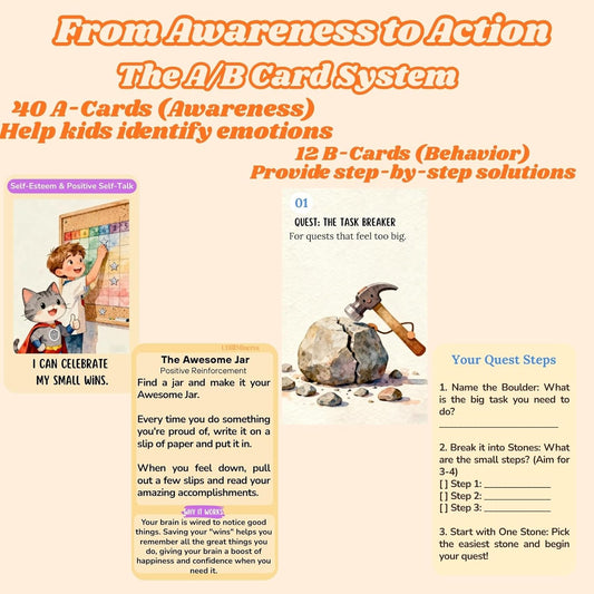 ADHD Skill Cards for Kids & Parents - 52 Guided Therapy Cards for Emotional Regulation, Focus & Social Skills - Pocket-Sized Behavior Management Tool with A/B System, Ages 6-12, Home School Therapy