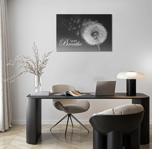Just Breathe Wall Art Zen Office Wall Decor Inspirational Yoga Quotes Positive Relax Artwork Picture Black and White Dandelion Posters Print for Meditation Room (12L X 16W)