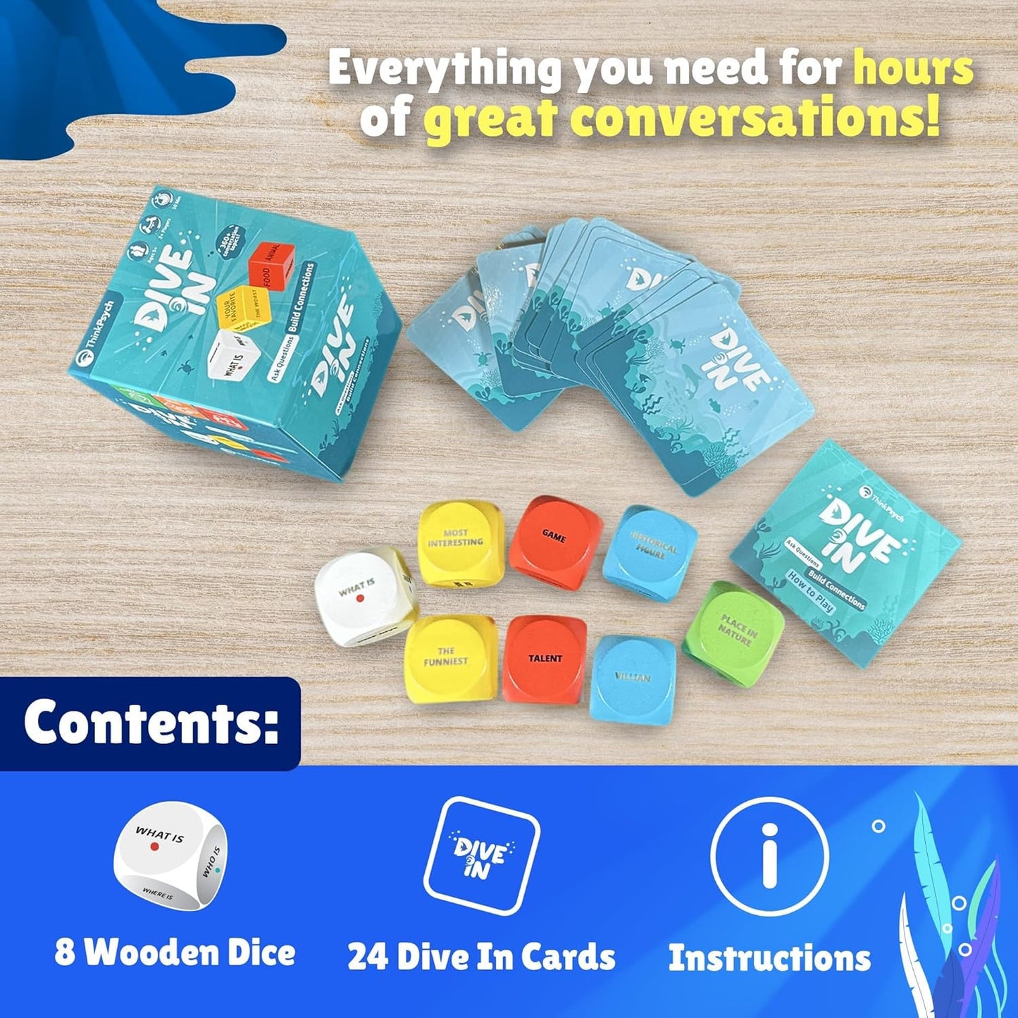 Dive in - SEL Conversation Dice Game with 400+ Topics | Therapy Games for Kids & Teens | Social Emotional Learning for Home & School | Play Therapy & Counseling Toys | Ages 6-99