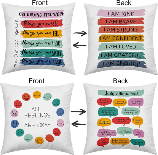 Inspirational Grounding Technique All Feelings Are Okay Reversible Throw Pillow Covers 18X18 in Set of 2,Home Mental Health Therapist Office Decorative Cushion Covers, Therapist Gifts for Women