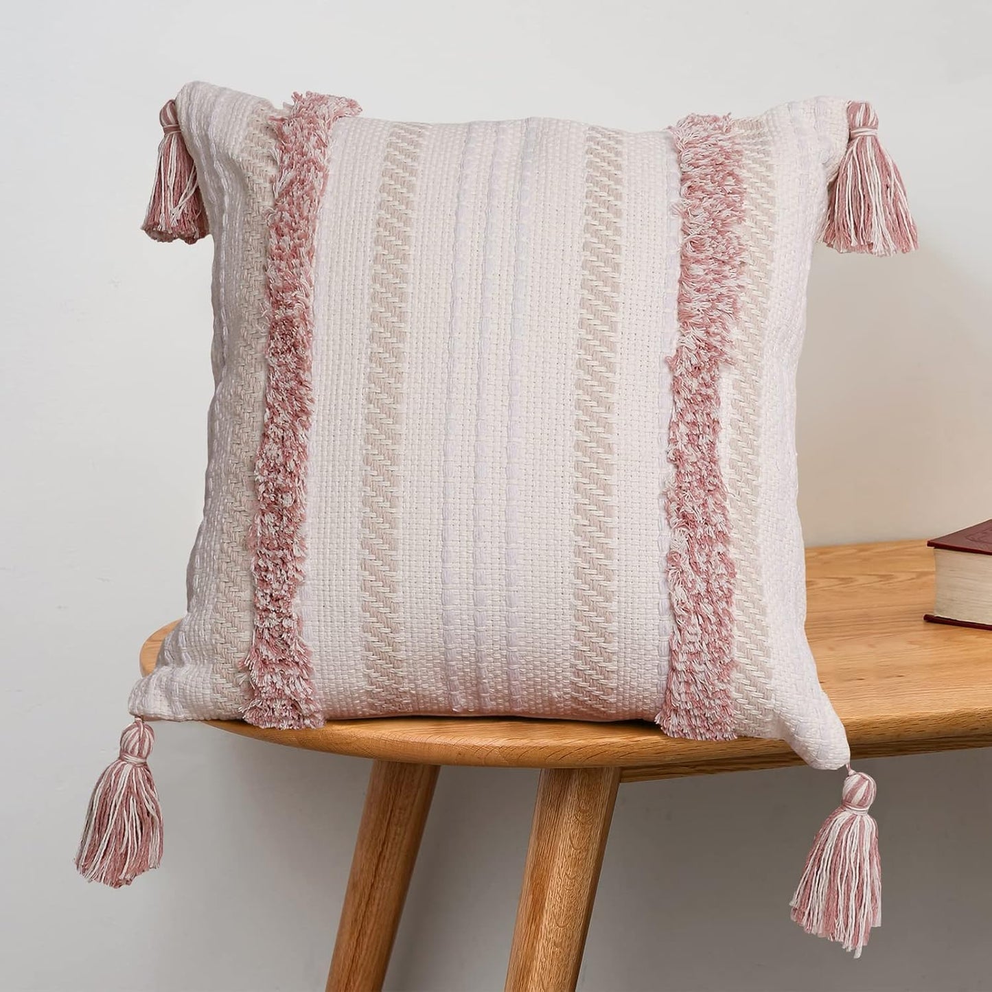 Boho Throw Pillow Covers Tufted Decorative Pillows Cover for Couch Bed Small Lumbar 12 X 20 Inch Pillow Cover, Modern Accent Farmhouse Neutral Throw Pillow Case, Pink