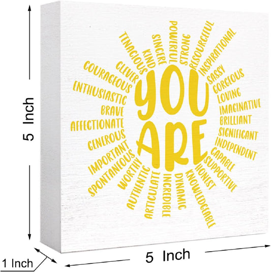 Yellow Sunshine Wood Box Sign You Are Sun Decor Wooden Block Signs Motivational Sign Inspirational Desk Décor for Home Office Bedroom Classroom Table Décor
