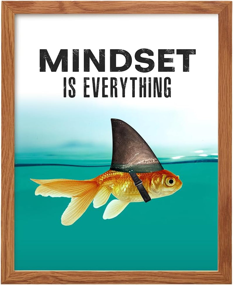 Mindset Is Everything - Motivational Wall Art Poster for Home, Office - Gift for Entrepreneur, Student, Men, Teens - Inspirational Decor - Uplifting Self-Improvement Positive Quote - Shark Goldfish