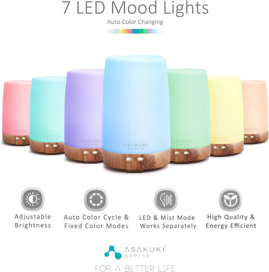 100Ml Essential Oil Diffuser, 5 in 1 Ultrasonic Aromatherapy Diffuser with Intermittent Timer, 7 LED Lights and Auto-Off Switch