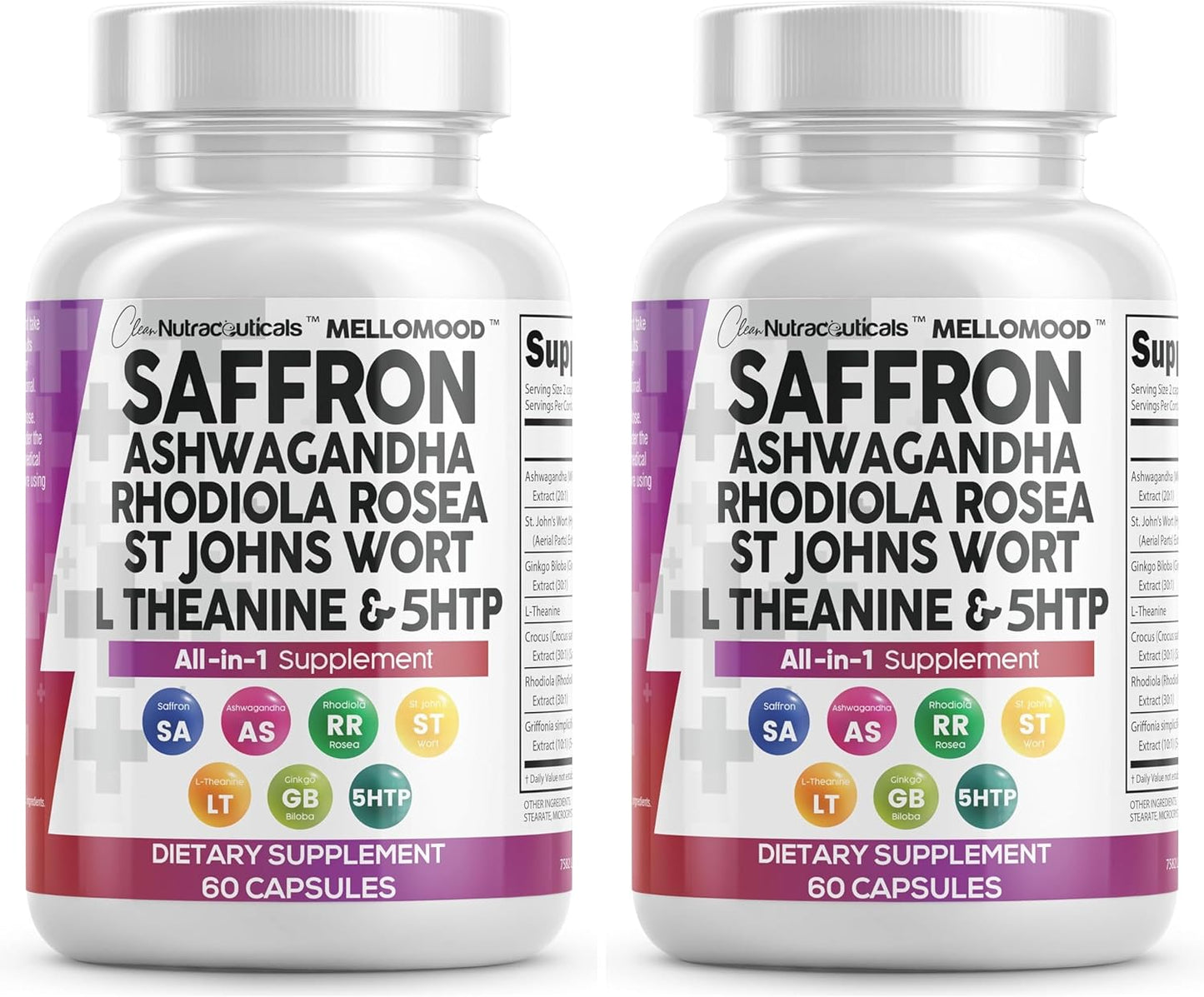 Saffron Supplements Extract 100Mg + Ashwagandha L-Theanine 200Mg - Mood Support Ginkgo Biloba, St. John'S Wort, Rhodiola Rosea & 5-HTP Capsules Pills Men Women