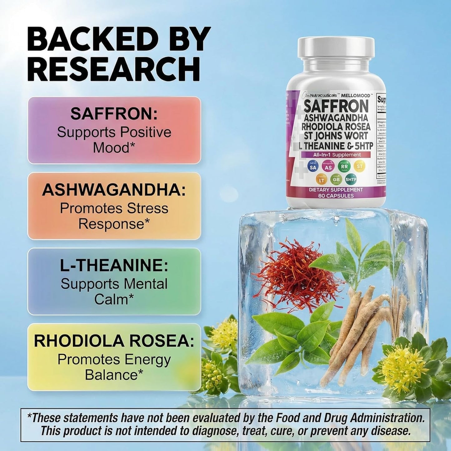 Saffron Supplements Extract 100Mg + Ashwagandha L-Theanine 200Mg - Mood Support Ginkgo Biloba, St. John'S Wort, Rhodiola Rosea & 5-HTP Capsules Pills Men Women