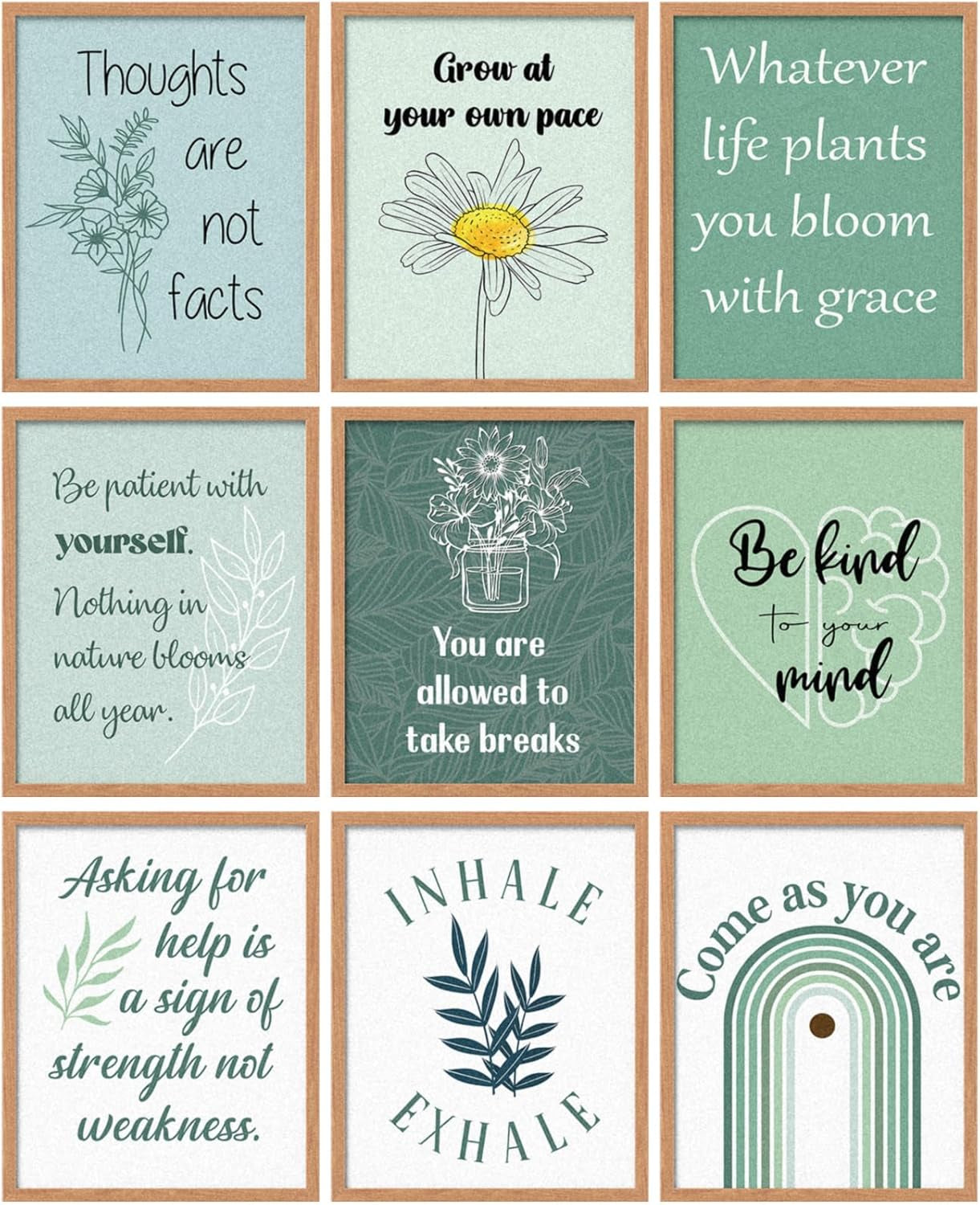 9 Pcs Mental Health Posters Boho Therapy Office Decor Motivational Counselor Psychology Posters, 8 X 10 In(Green)