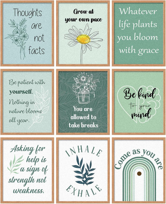 9 Pcs Mental Health Posters Boho Therapy Office Decor Motivational Counselor Psychology Posters, 8 X 10 In(Green)