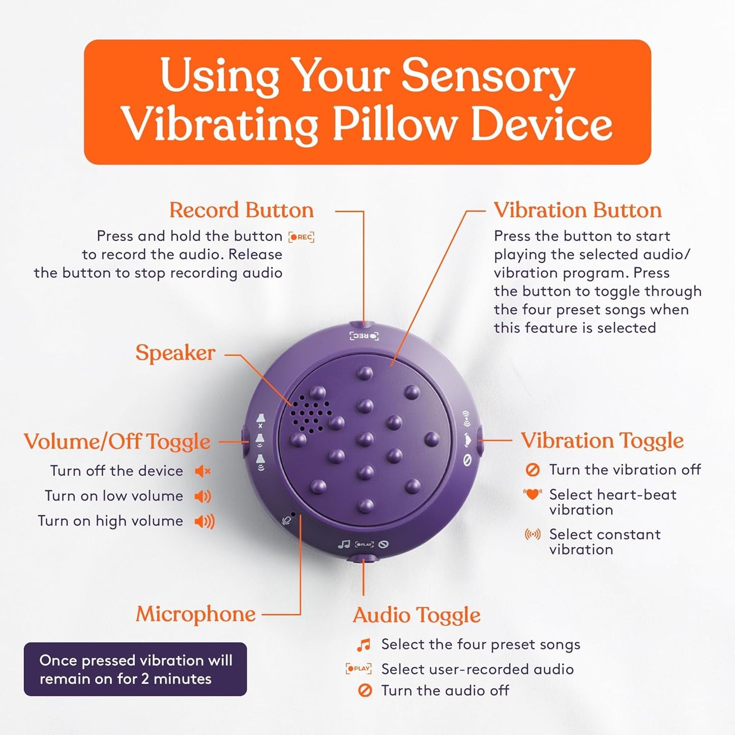 Vibrating Ball Pillow Sensory Pressure Activated for Kids and Adults, Plush Minky Soft Cover with Textured Therapy Stimulation Bumps, 3 Vibration Modes, Music & Voice Recording- Blue