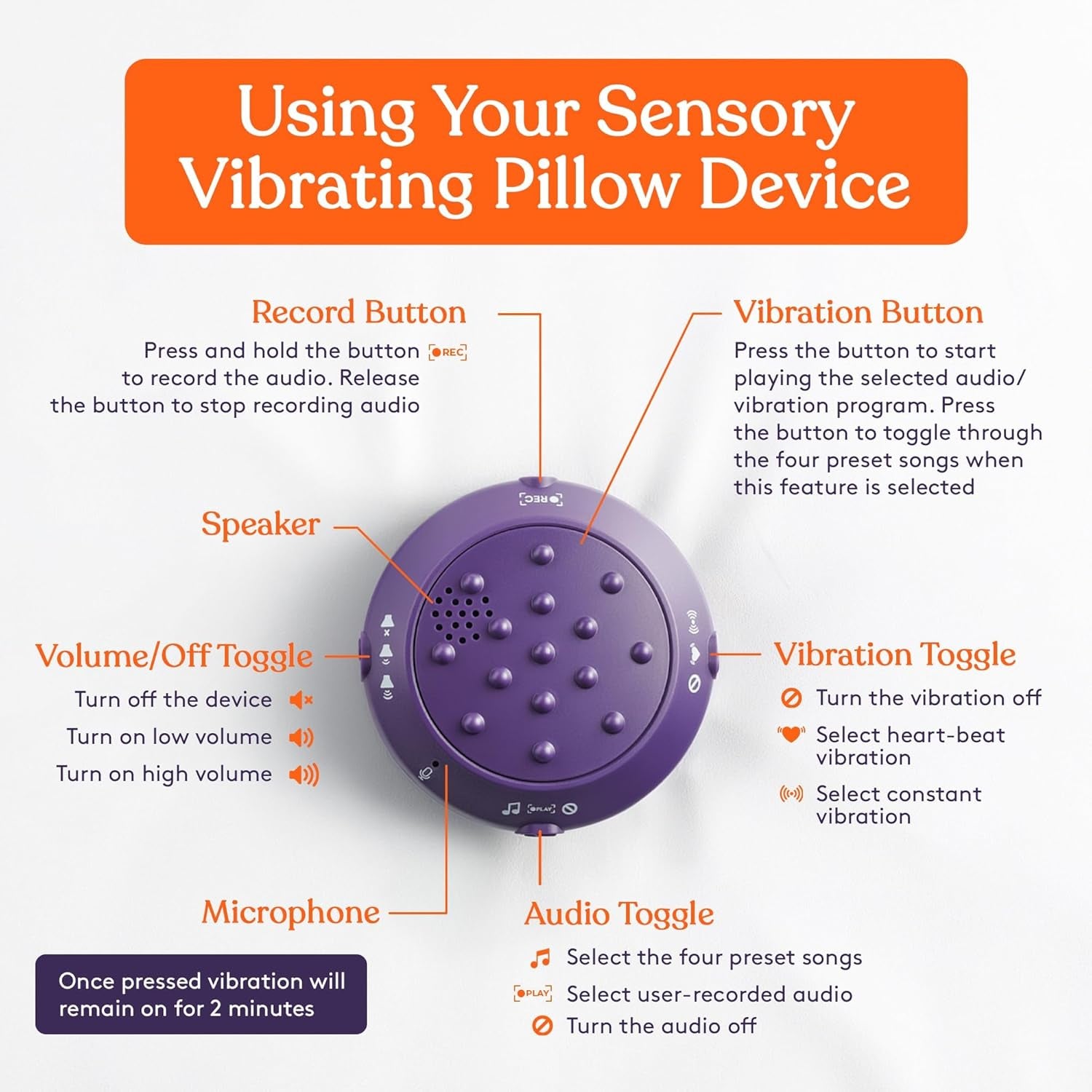 Vibrating Ball Pillow Sensory Pressure Activated for Kids and Adults, Plush Minky Soft Cover with Textured Therapy Stimulation Bumps, 3 Vibration Modes, Music & Voice Recording- Blue