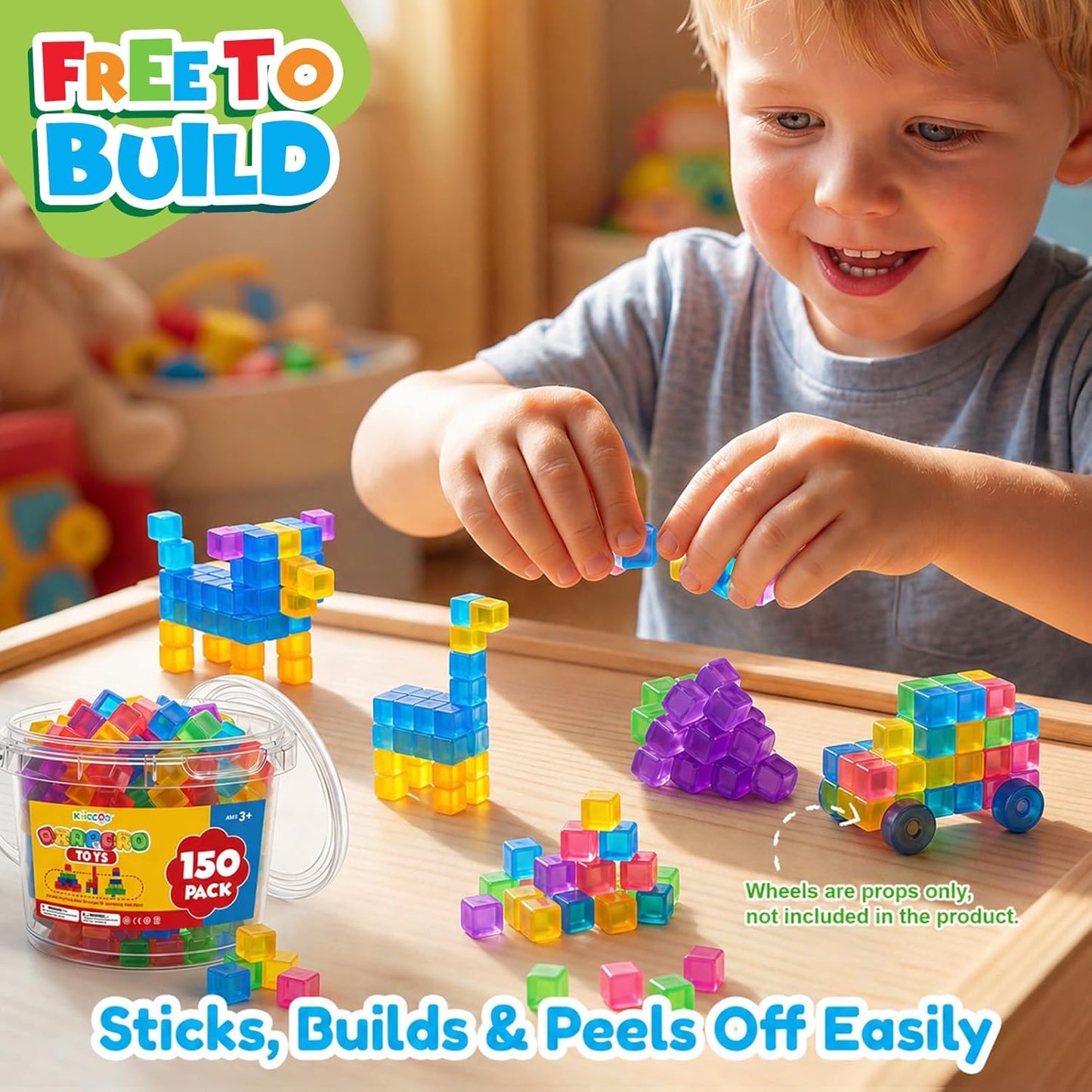 Mini Sticky Stacking Cubes for Kids: 150 PCS Washable Sensory Building Toy, Soft Squishy 0.39 Inch Cubes with Storage Box, Balanced Stickiness for 2D & 3D Building, Translucent Travel Toy