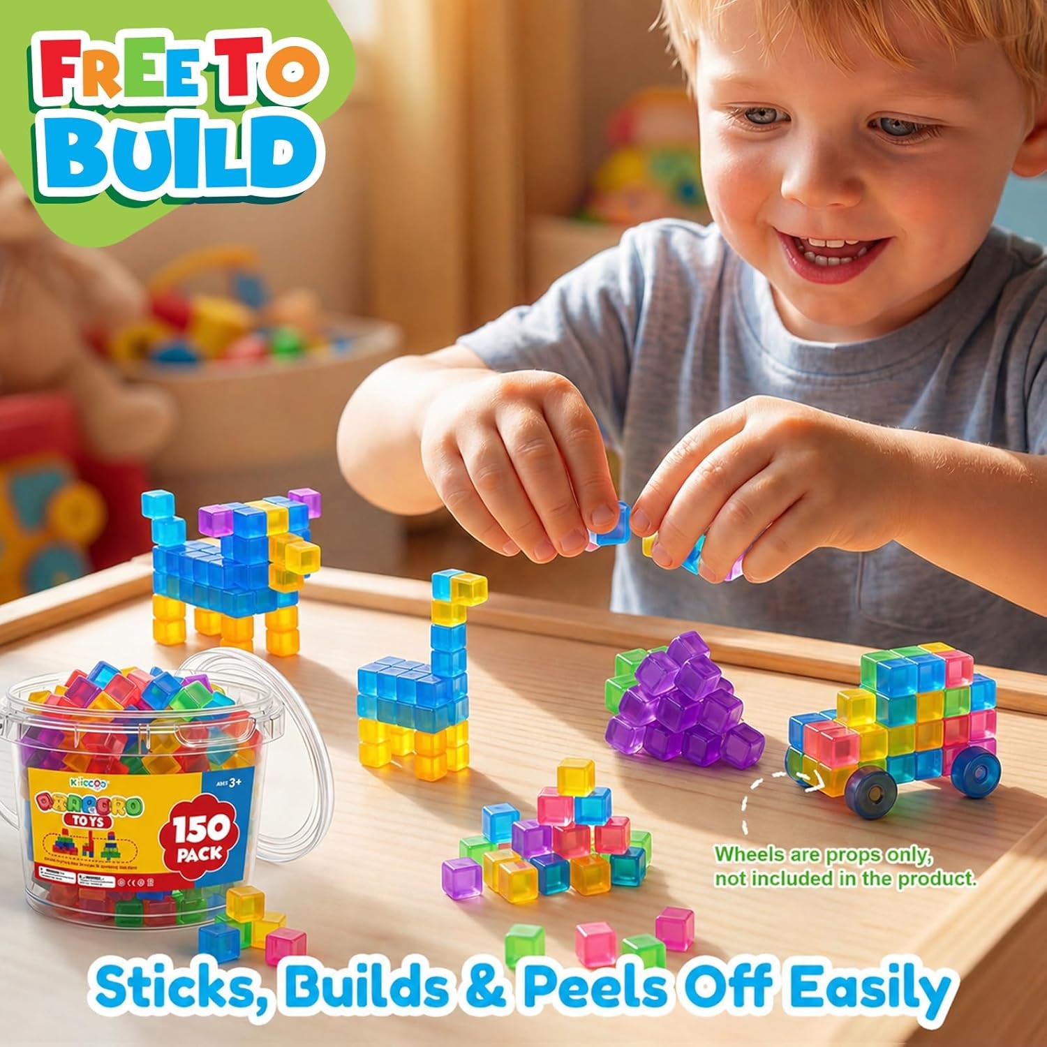 Mini Sticky Stacking Cubes for Kids: 150 PCS Washable Sensory Building Toy, Soft Squishy 0.39 Inch Cubes with Storage Box, Balanced Stickiness for 2D & 3D Building, Translucent Travel Toy