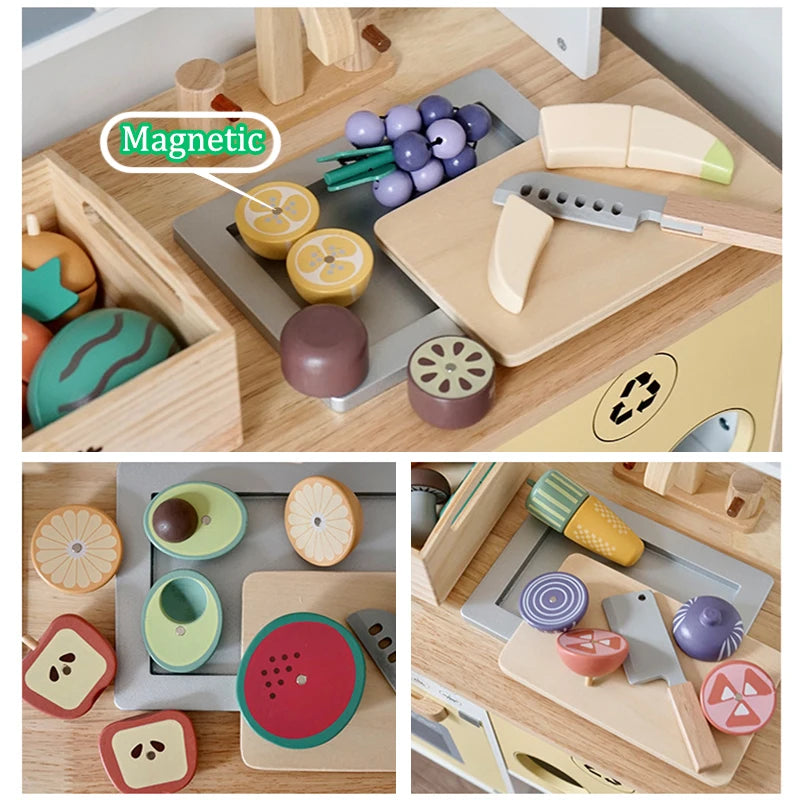 Children Play House Kitchen Games Simulation Wooden Boxed Fruit Cut Pretend to Play Magnetic Cookies Baking Girls Toys Set Gifts