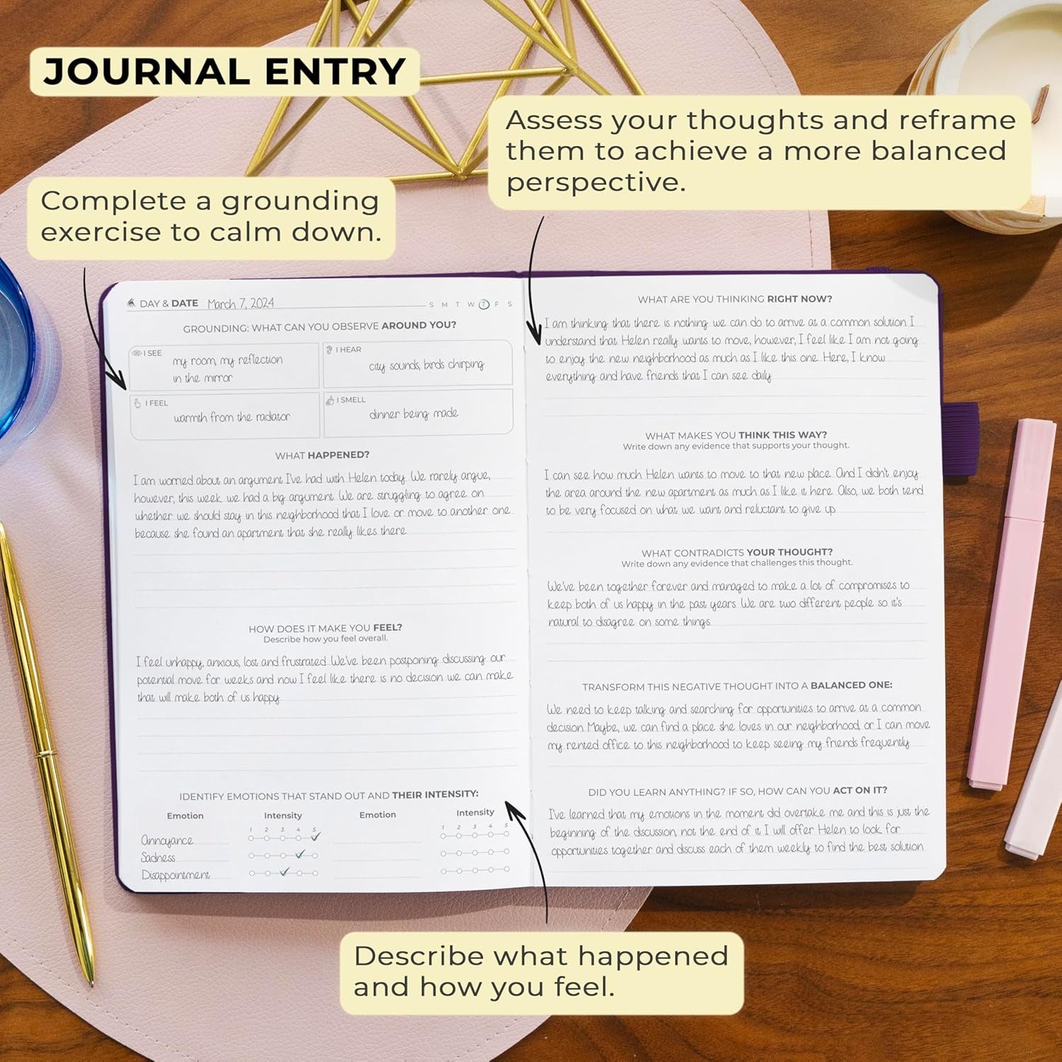 Mental Health & Anxiety Journal – Guided CBT Journal with Prompts for Self Help & Stress Relief – Mood & Emotion Tracker (Purple)