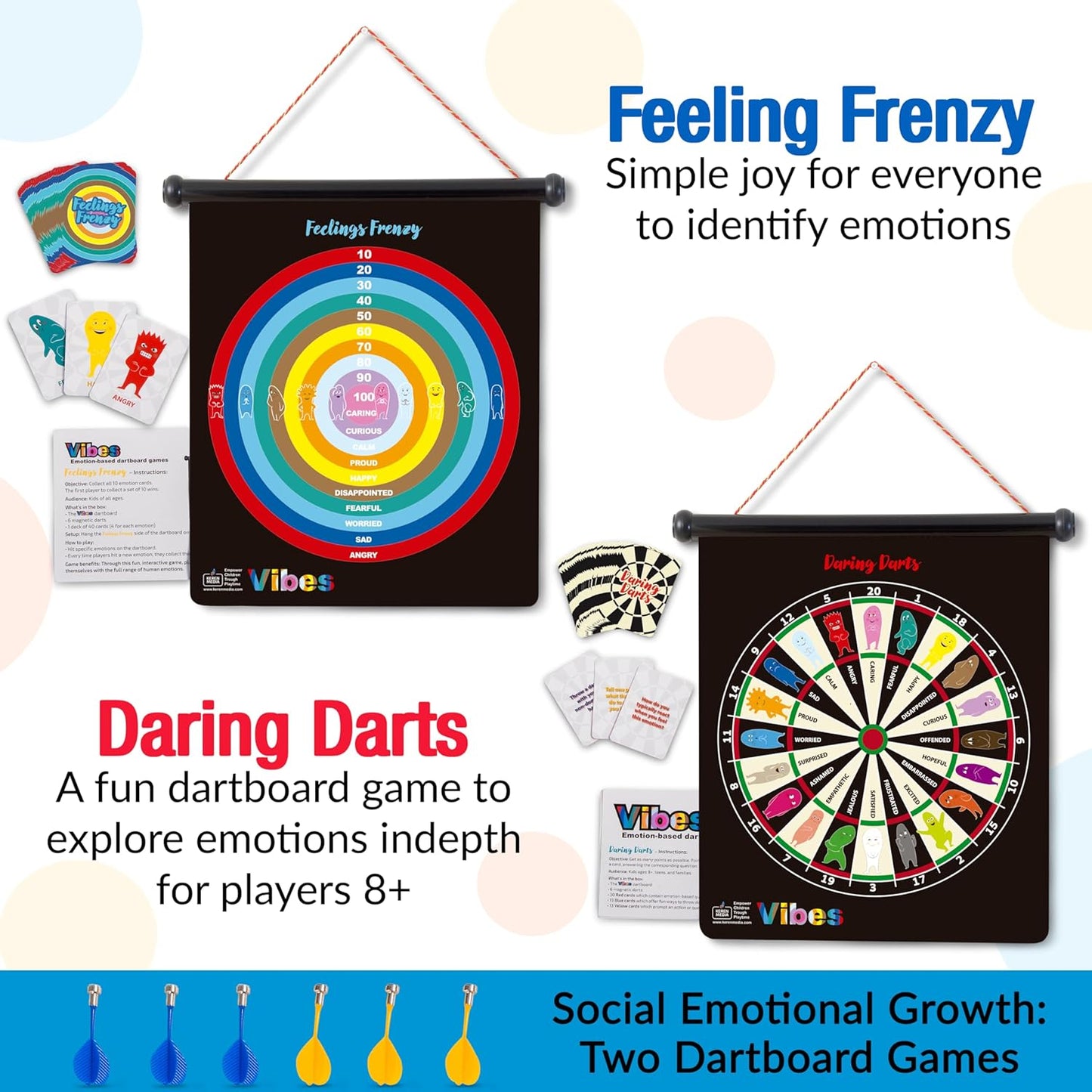 Vibes Therapy Games for Teens & Kids 6+ | 2-In-1 Feelings Dartboard Games | CBT Social Emotional Games | Anger Management Tool for Emotional Regulation & Social Skills | for Professionals & Families