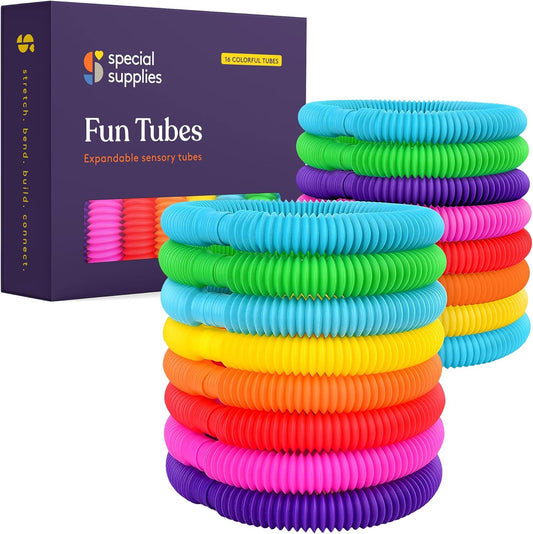 Fun Pull and Stretch Tubes for Kids - Pop, Bend, Build, and Connect Toy, Provide Tactile and Auditory Sensory Play, Colorful, Heavy-Duty Plastic (16-Pack Primary Colors)