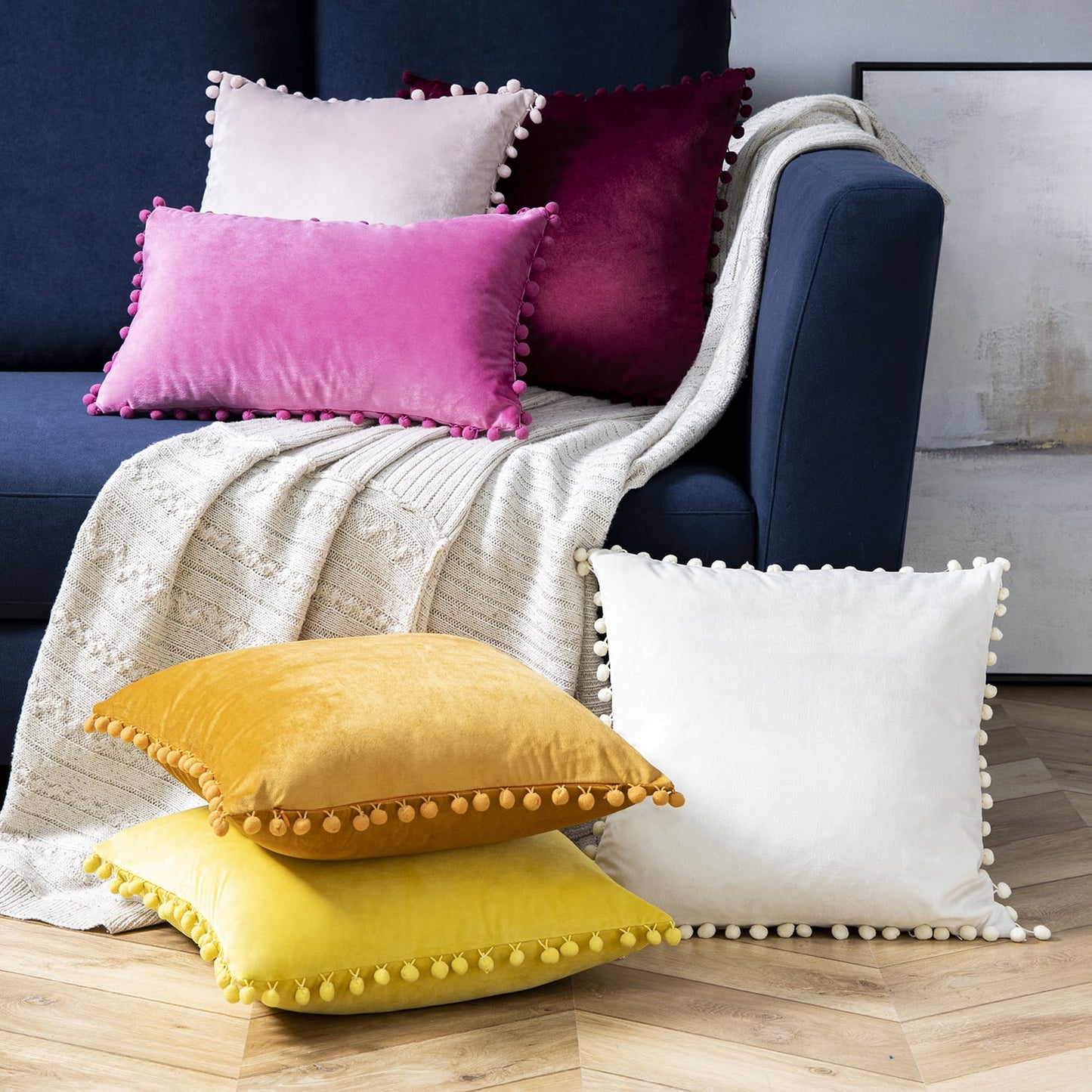 Silky Velvet Series Pom Pom Decorative Throw Pillow with Insert, 18" X 18", Dark Purple, 2 Pack