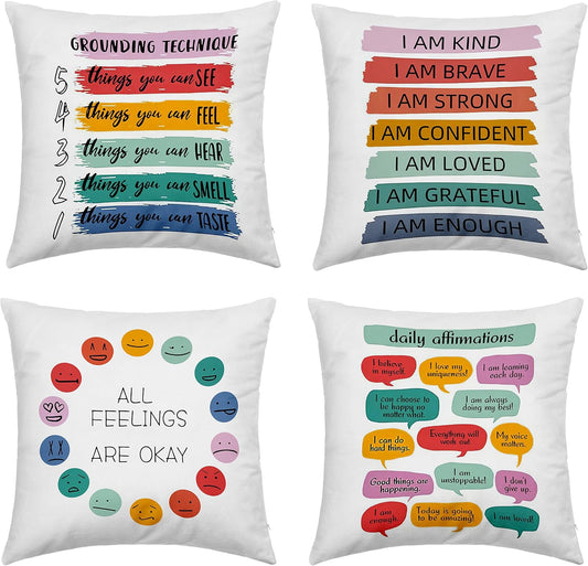 Inspirational Grounding Technique All Feelings Are Okay Reversible Throw Pillow Covers 18X18 in Set of 4,Home Mental Health Therapist Office Decorative Cushion Covers, Therapist Gifts for Women
