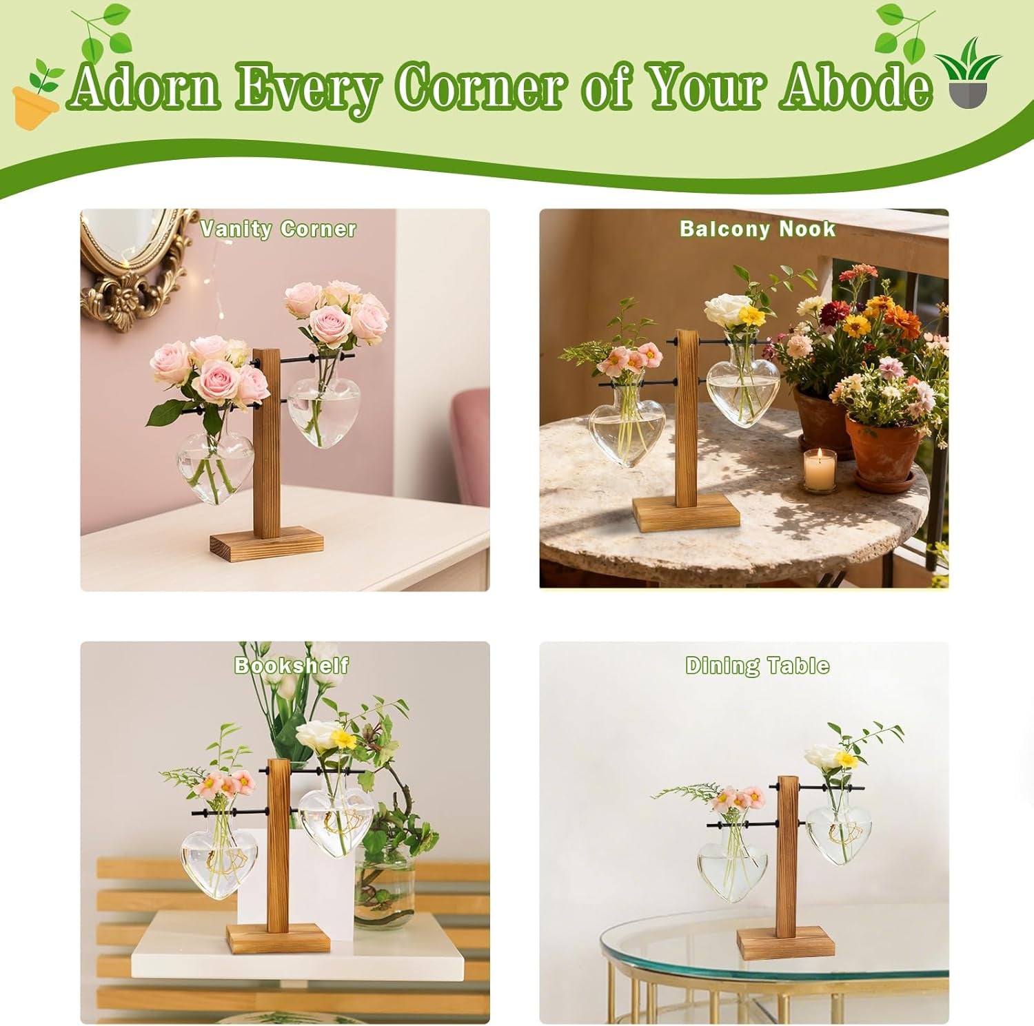 Plant Terrarium Wooden Stand, Hydroponic Planter Bulb Glass Metal Swivel Holder Retro Air Plants Water Plants for Home Office Decoration,Gifts for Plant Lover Wife Mom- 2 Love Bulb Vase