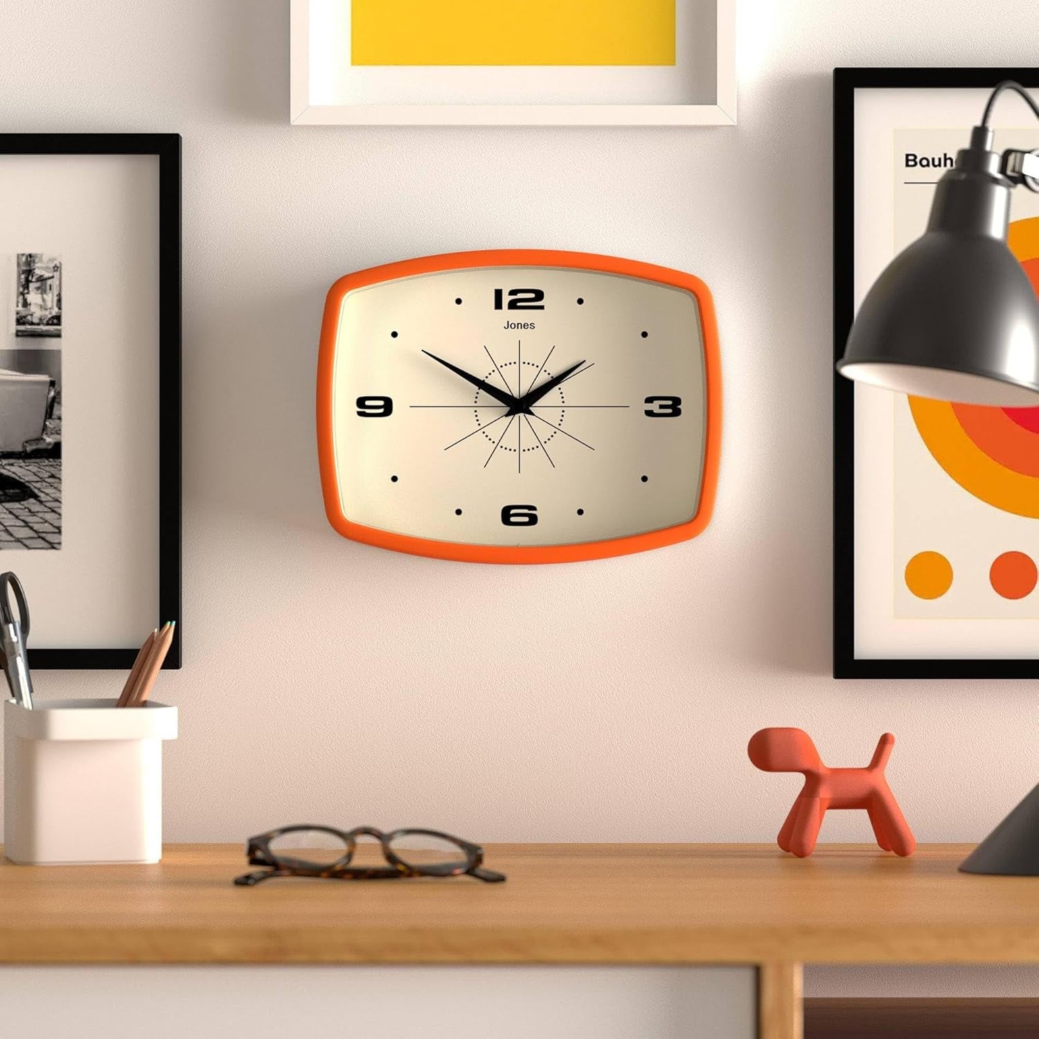 ® Movie Wall Clock | Retro Rectangular Clock | 10 Inch | Orange | Cool Mid-Century Designer Look for Kitchen, Living Room or Office