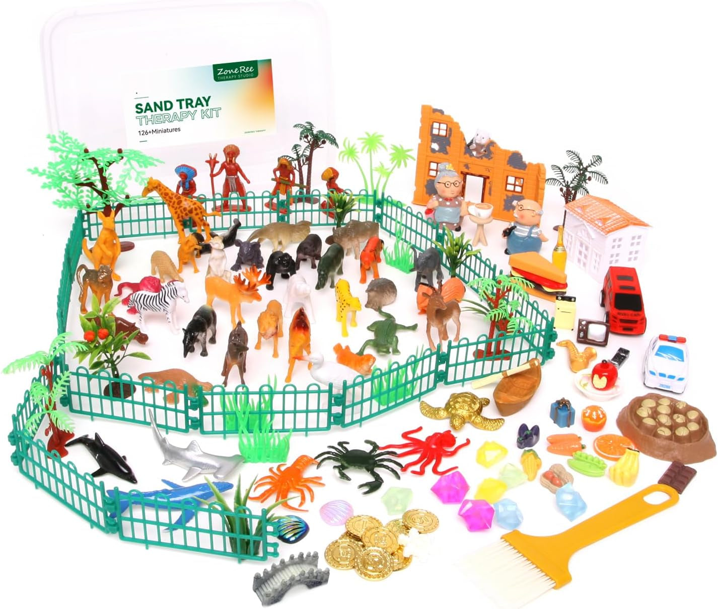 Portable Sand Tray Therapy Kit - 126 Pcs Animais E Casa Sandtray Miniatures (With Storage Box)