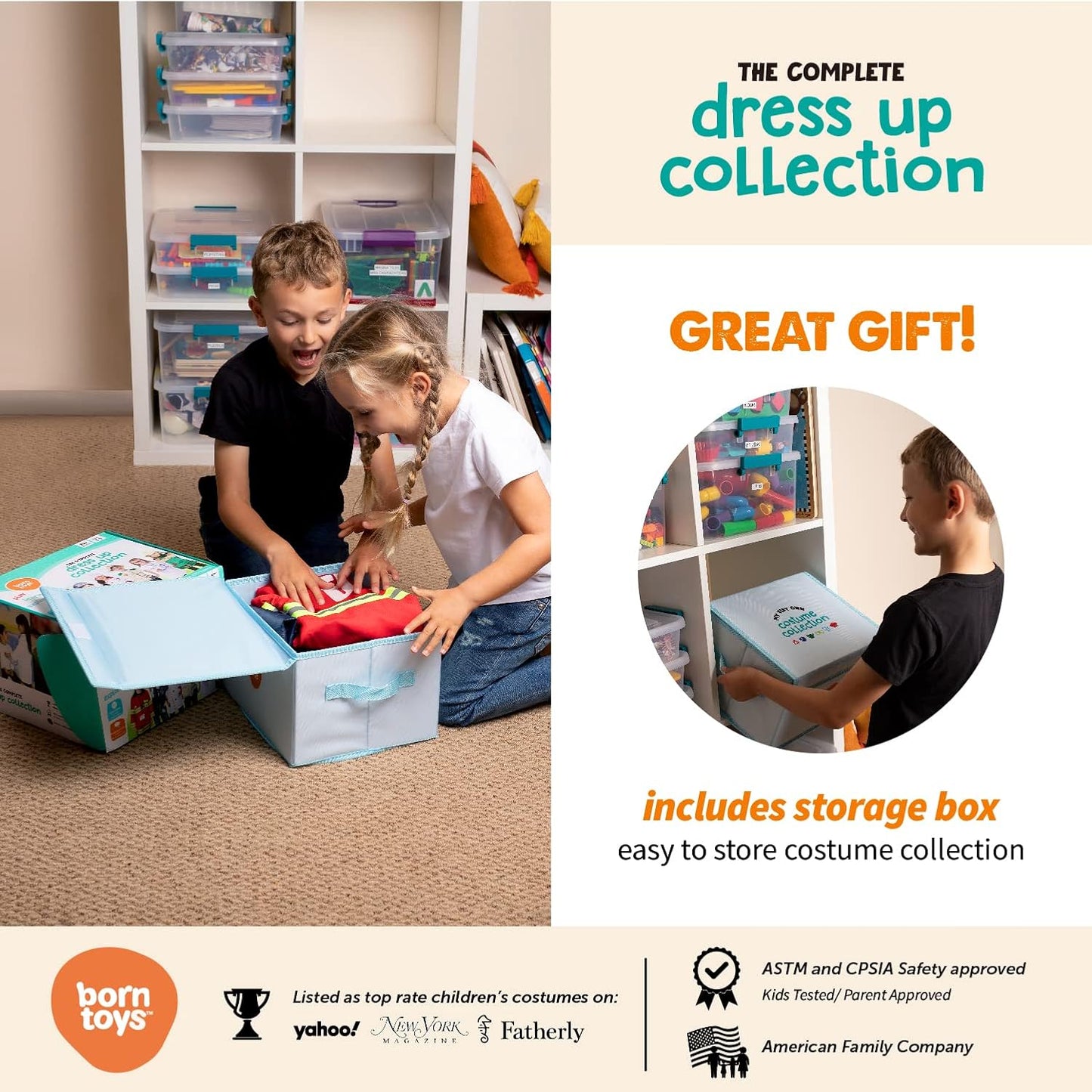 6-In-1 Toddler Dress up Clothes for Boys & Girls Ages 3-7, Police, Firefighter, Doctor, Chef, Gardener & Explorer with Storage Box, Washable Pretend Play Costumes for Kids, Gift Ready Set