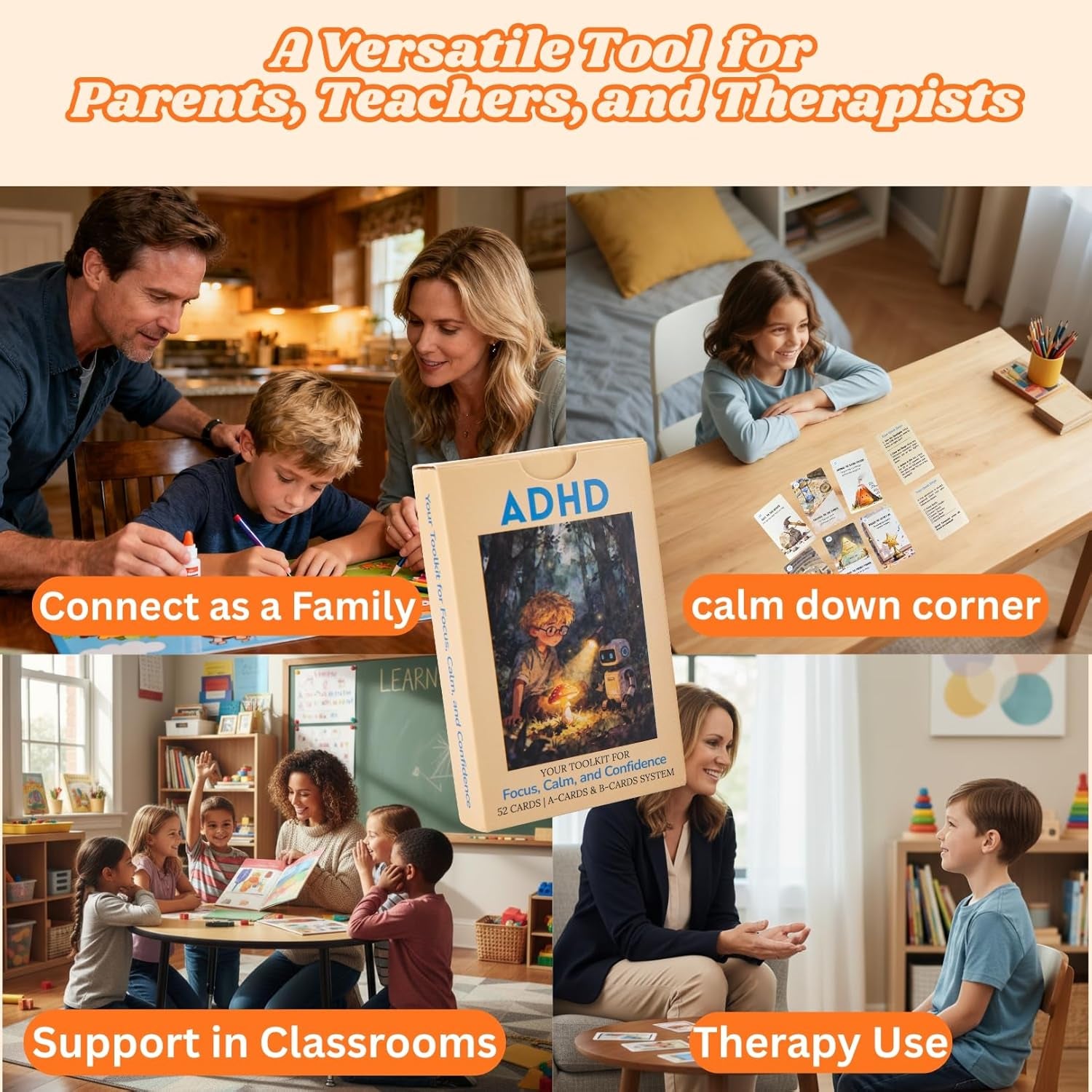 ADHD Skill Cards for Kids & Parents - 52 Guided Therapy Cards for Emotional Regulation, Focus & Social Skills - Pocket-Sized Behavior Management Tool with A/B System, Ages 6-12, Home School Therapy