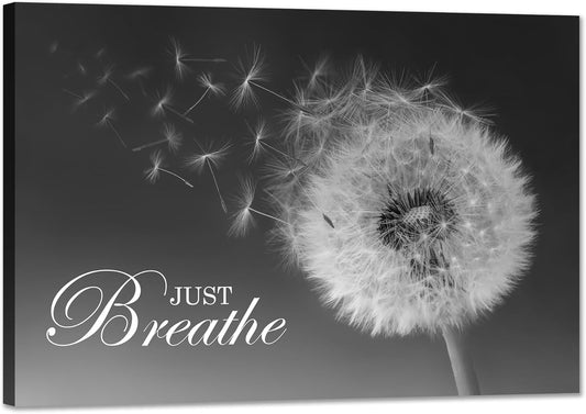 Just Breathe Wall Art Zen Office Wall Decor Inspirational Yoga Quotes Positive Relax Artwork Picture Black and White Dandelion Posters Print for Meditation Room (12L X 16W)