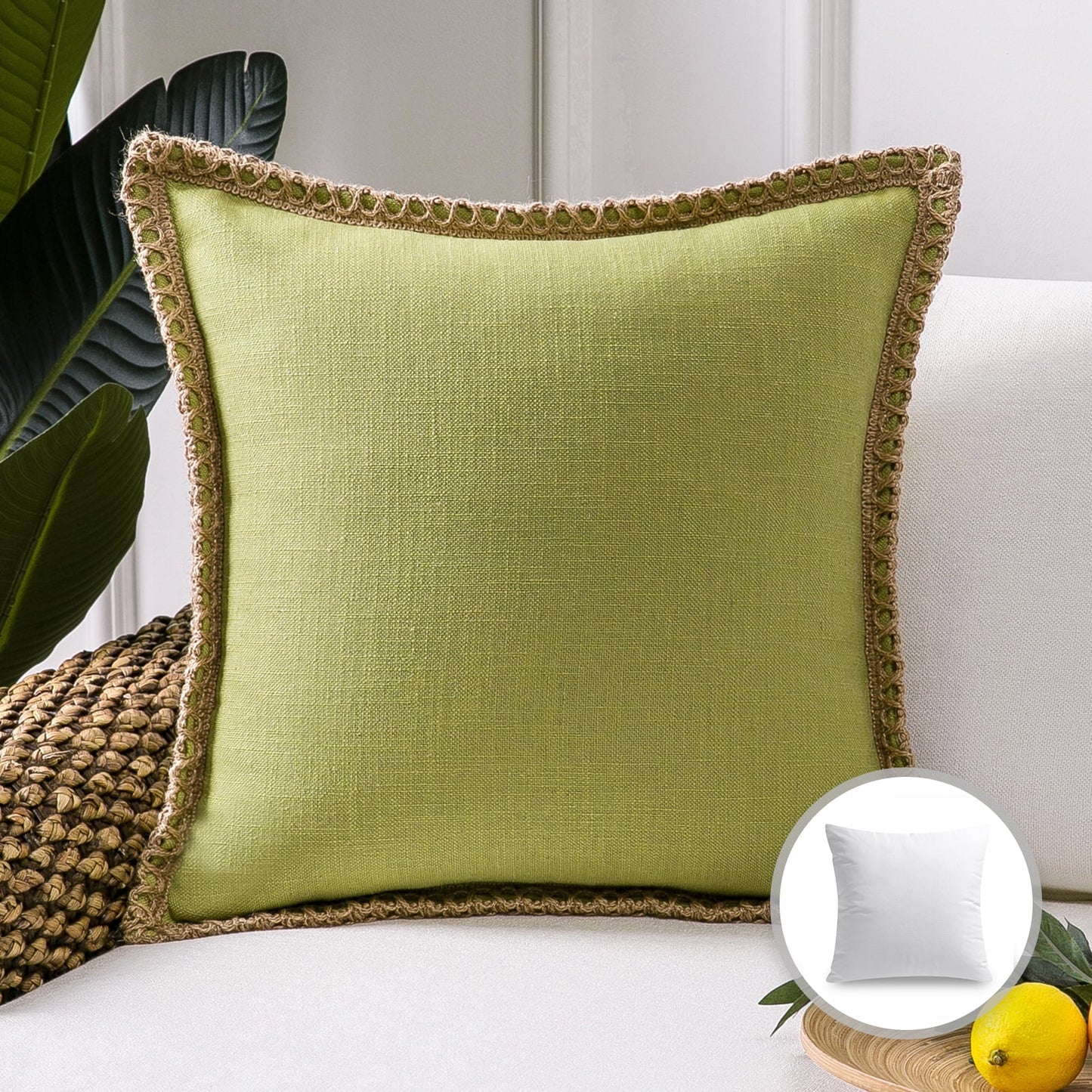 Linen Trimmed Farmhouse Series Decorative Throw Pillow, 22" X 22", Water Green, 1 Pack