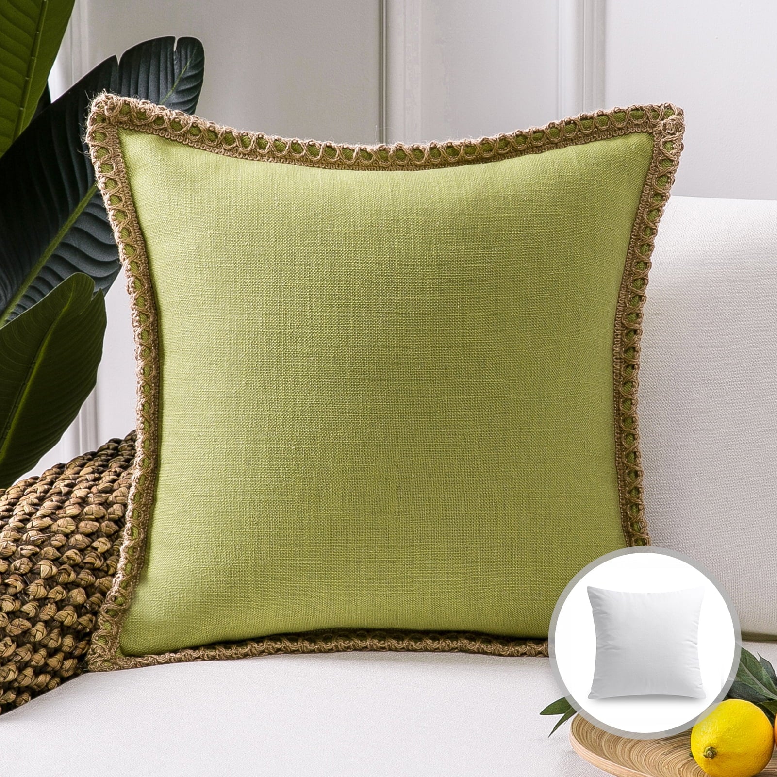Linen Trimmed Farmhouse Series Decorative Throw Pillow, 22" X 22", Water Green, 1 Pack