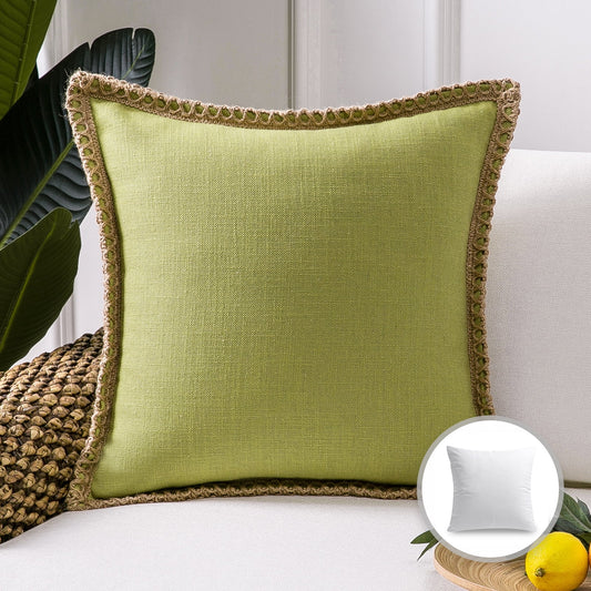 Linen Trimmed Farmhouse Series Decorative Throw Pillow, 22" X 22", Water Green, 1 Pack