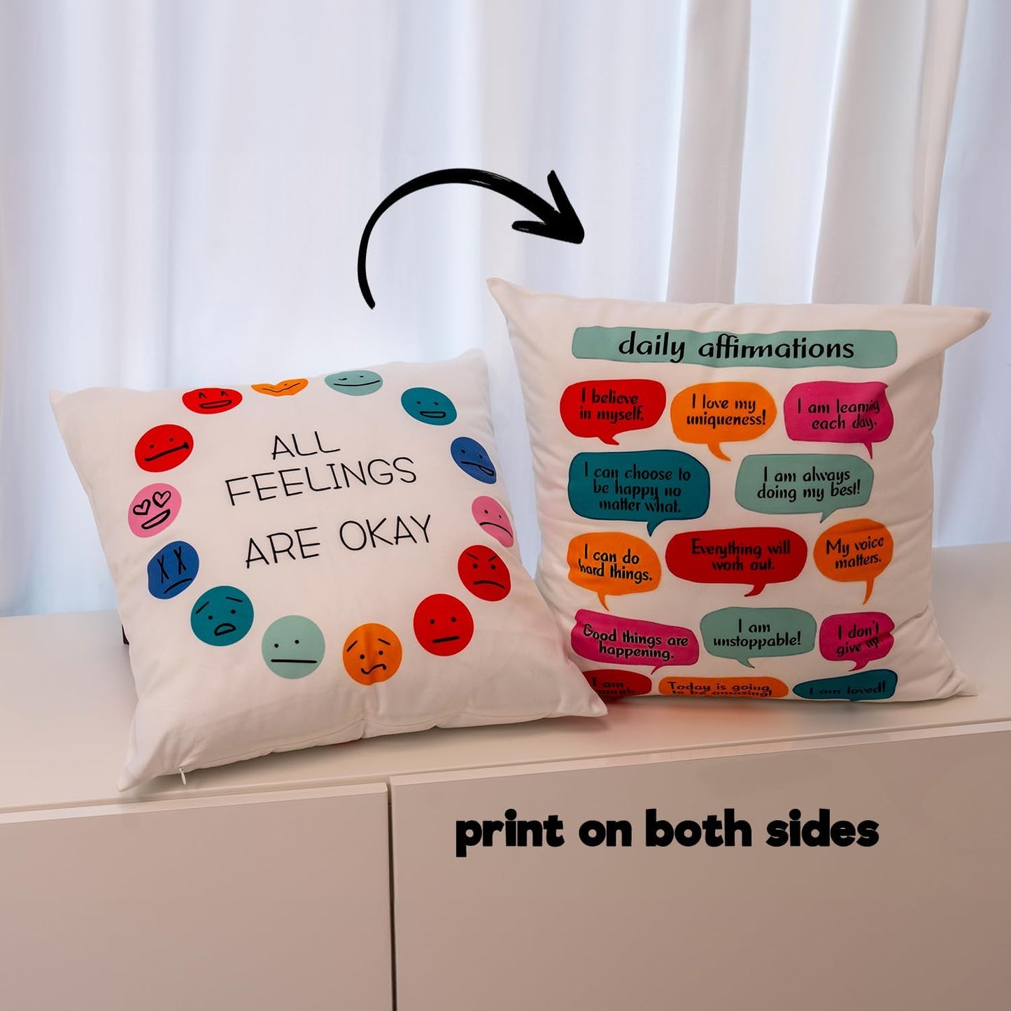 Inspirational Grounding Technique All Feelings Are Okay Reversible Throw Pillow Covers 18X18 in Set of 2,Home Mental Health Therapist Office Decorative Cushion Covers, Therapist Gifts for Women