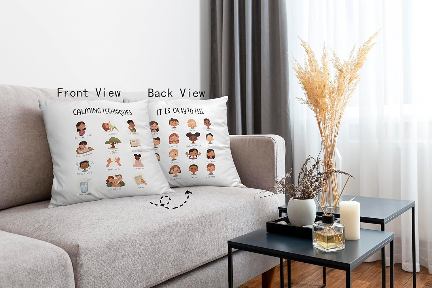 Mental Health Calming Techniques It Is Okay to Feel Reversible Throw Pillow Case 18″×18″,Cute Cartoon Faces Emotions Decorative Pillowcase for Therapy Office Consulting Room,Gifts for Teens Girls