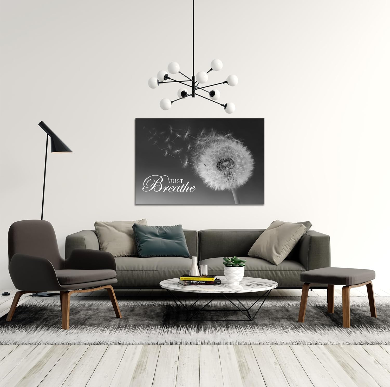 Just Breathe Wall Art Zen Office Wall Decor Inspirational Yoga Quotes Positive Relax Artwork Picture Black and White Dandelion Posters Print for Meditation Room (12L X 16W)