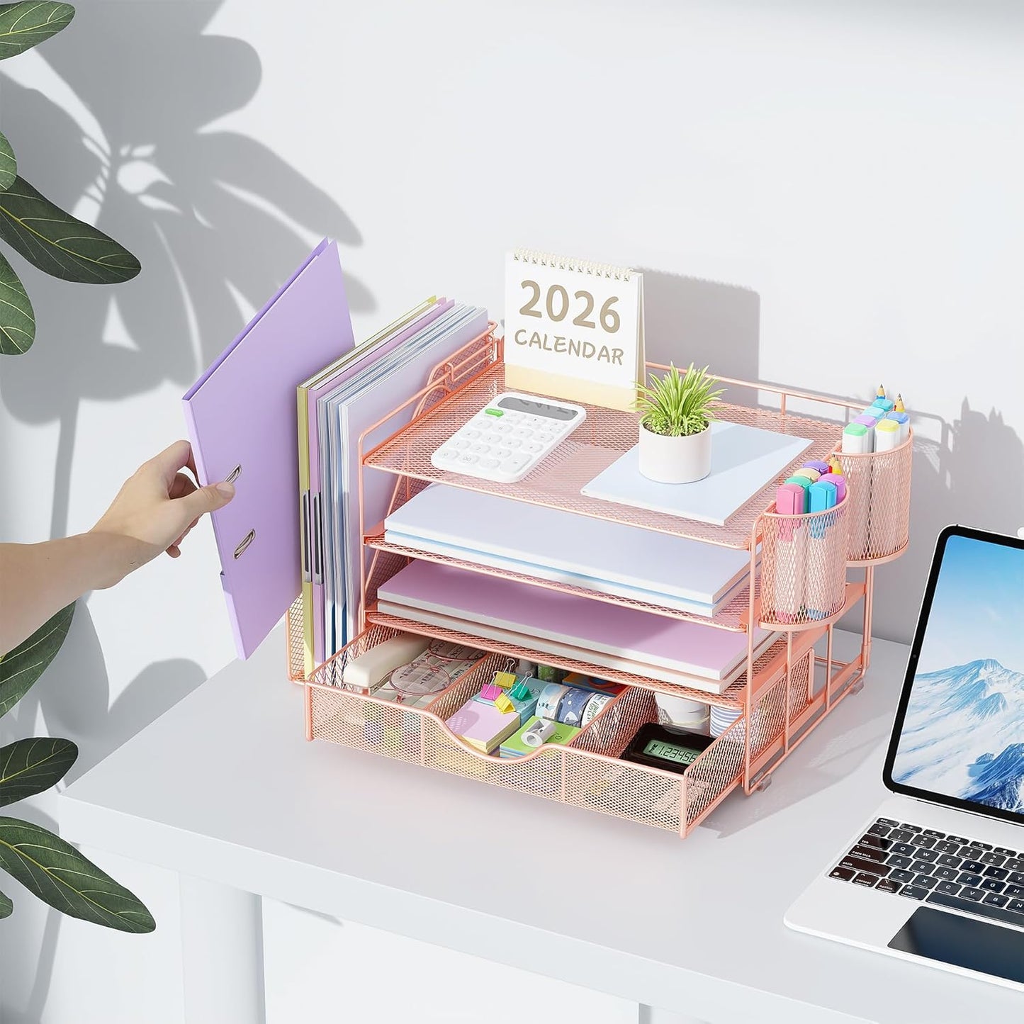 Desk Organizers and Accessories with File Holder, 4-Tier Desk Accessories & Workspace Organizers with Drawer and 2 Pen Holder, Paper Organizer for Office Supplies (Rose Gold)