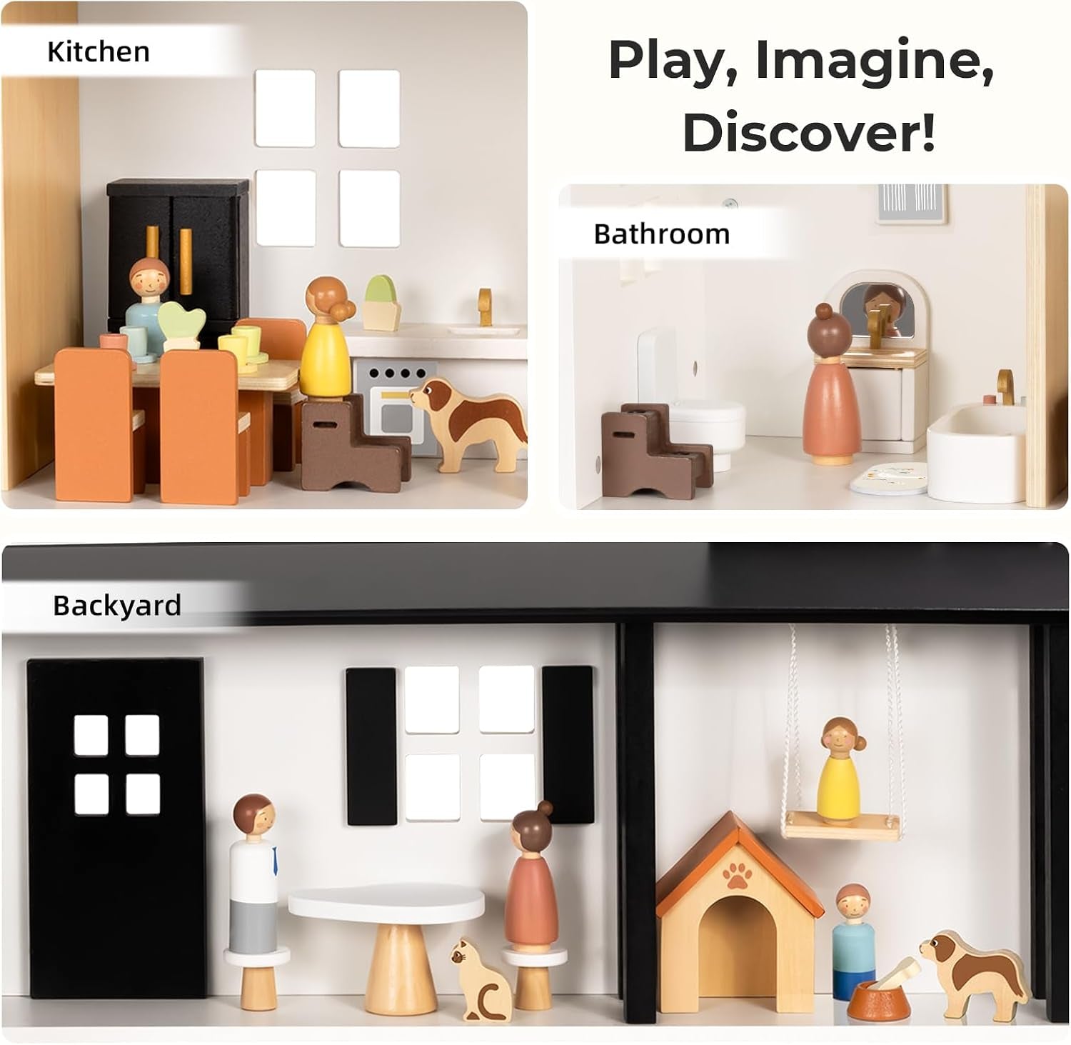 Wooden Dollhouse, Modern Doll House with 66Pcs Luxurious Furniture Accessories, Including Dolls and Pet Sets, Wood Dollhouse Toy for Boys and Girls 3+