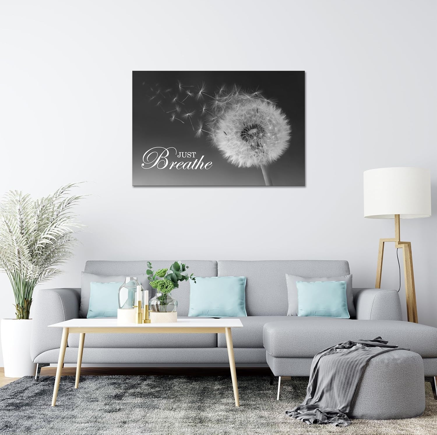 Just Breathe Wall Art Zen Office Wall Decor Inspirational Yoga Quotes Positive Relax Artwork Picture Black and White Dandelion Posters Print for Meditation Room (12L X 16W)