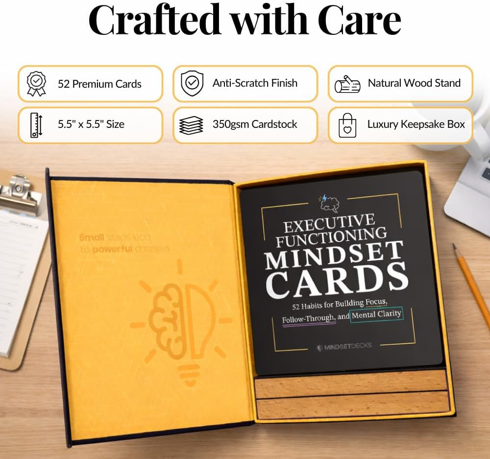 Executive Functioning Mindset Cards – 52 Daily Habit Cards for Focus, Organization & Follow through – for Kids, Teens & Adults – Includes Wooden Display Stand – Gift for Teachers & Parents