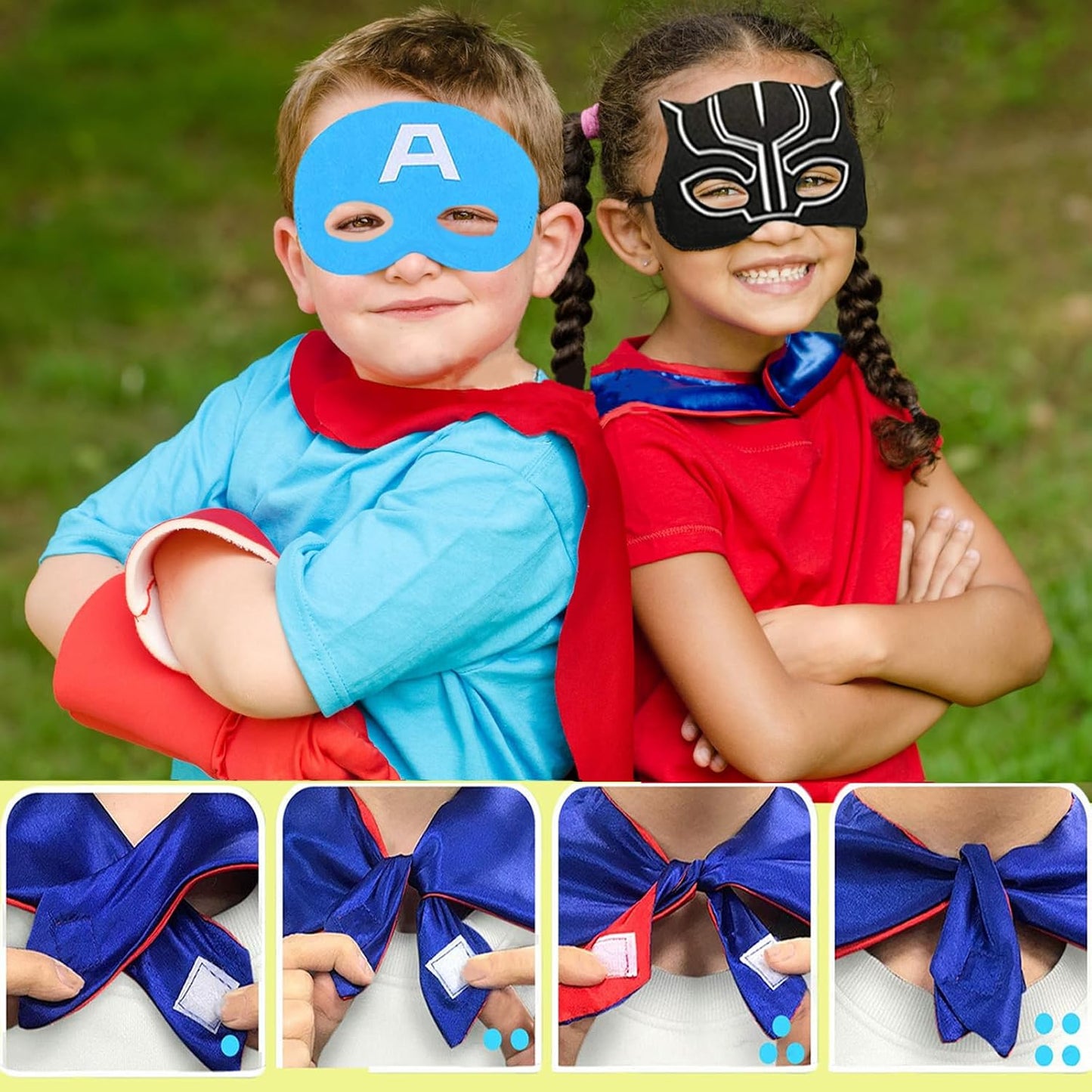 Kids Superhero Capes Satin Cosplay Cape Dress up Cloak for Boys Girls Birthday Halloween Party Supplies(4 Pack)